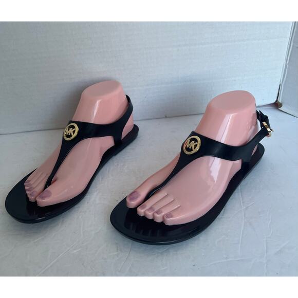 MICHAEL KORS Lollie Black Jelly Thong Strappy Buckle Sandals Size 7M - Picture 1 of 12